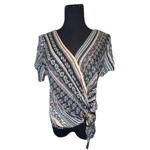 BCX Wrap Top Womens Medium‎ Multicolor Floral Print V Neck Front Tie Casual Wear
